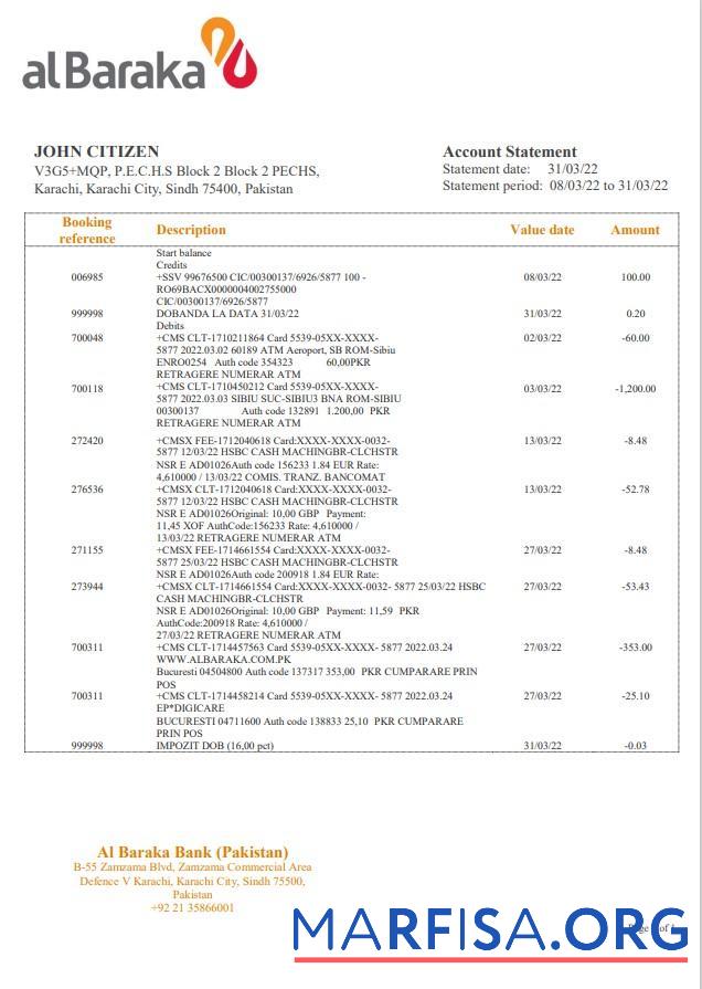 Blank Pakistan Al Baraka bank statement word example